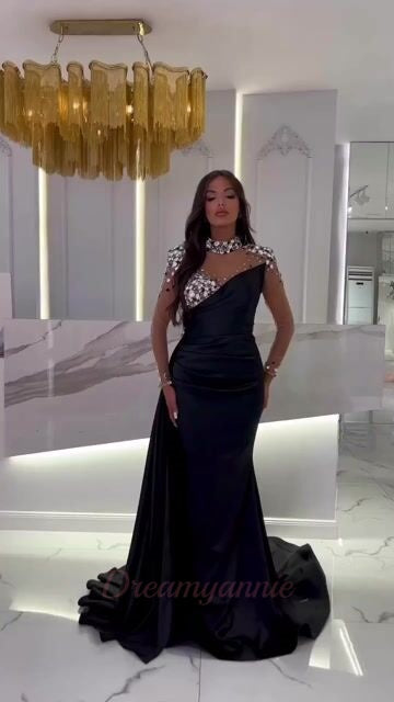 High-Neck Long Sleeve Formal Dresses Beaded Mermaid Satin Evening Dresses