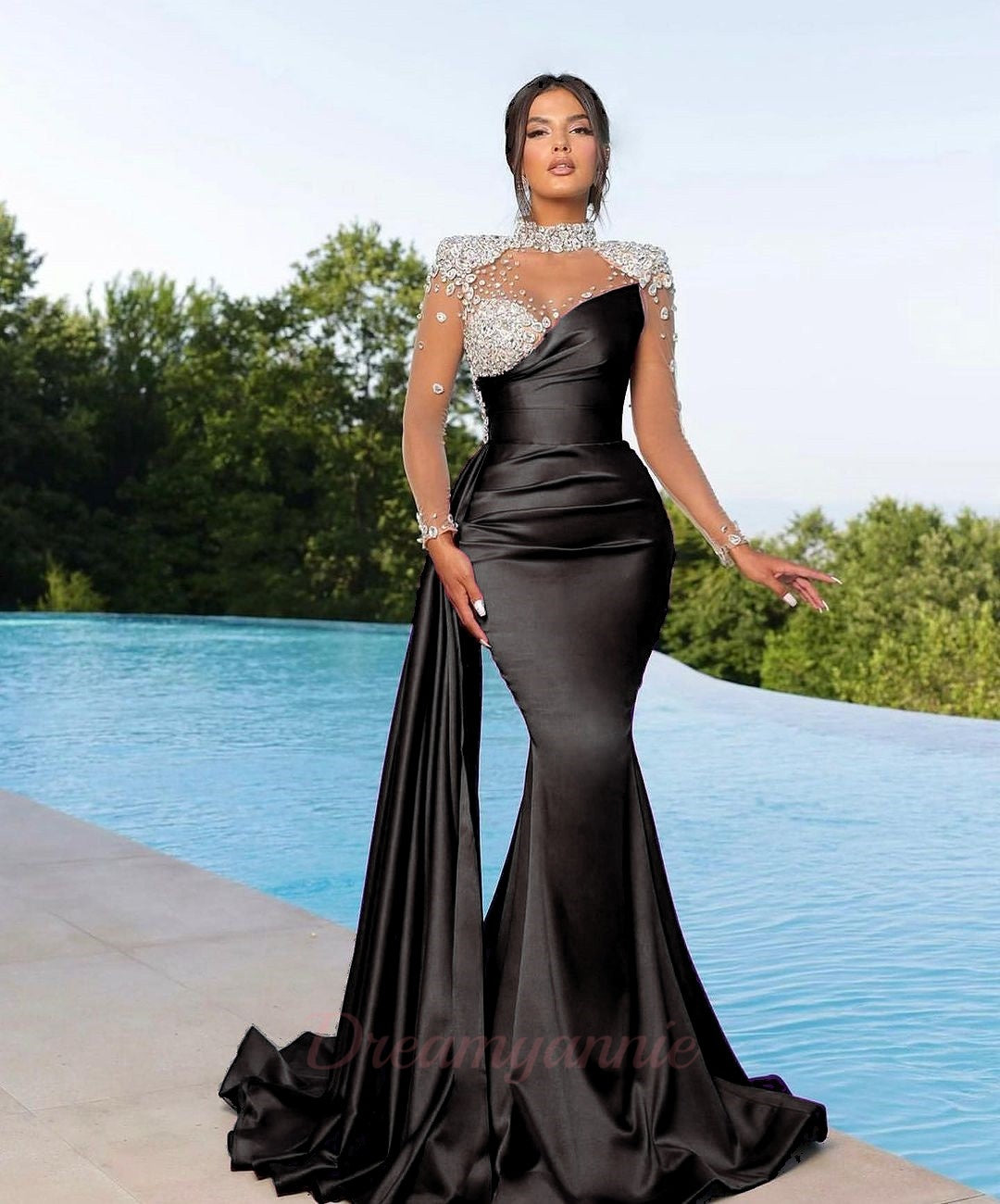 High-Neck Long Sleeve Formal Dresses Beaded Mermaid Satin Evening Dresses