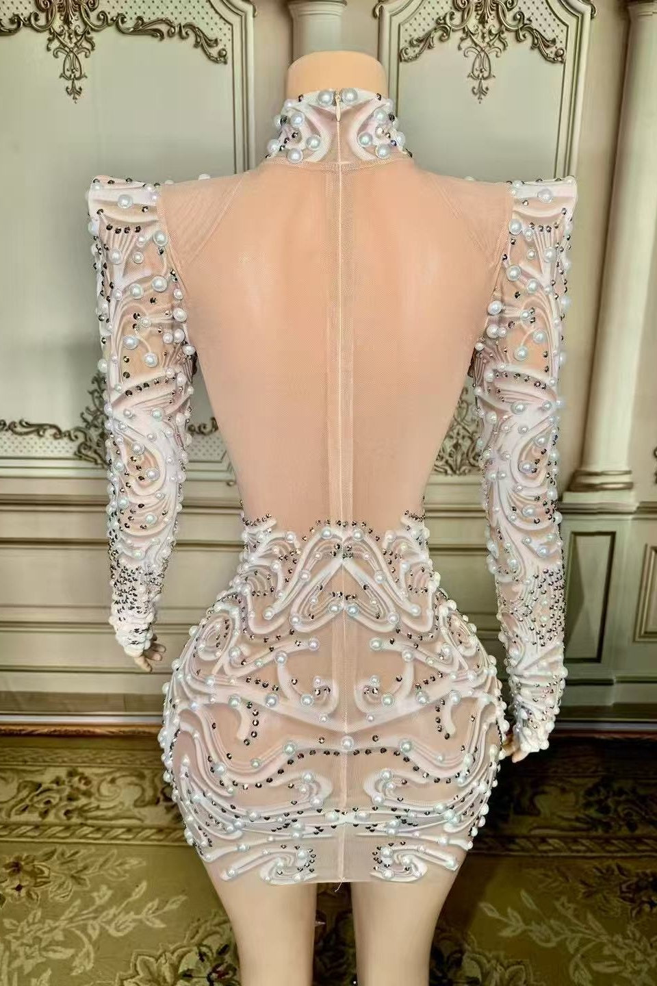 High Neck Long Sleeve Homecoming Dress Ivory Bodycon Cocktail Party Dress