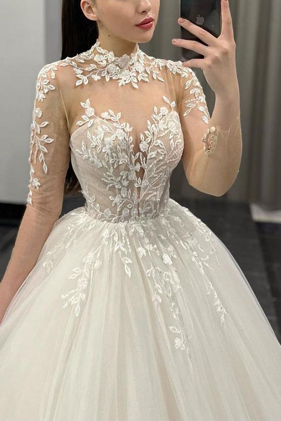 High Neck Long Sleeves Tulle Wedding Dresses With Appliques Lace - Ball-Gown