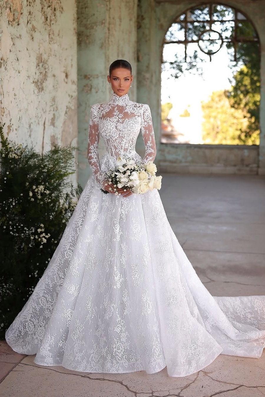 High Neck Long Sleeves Wedding Dress A Line Bridal Dress with Lace Appliques