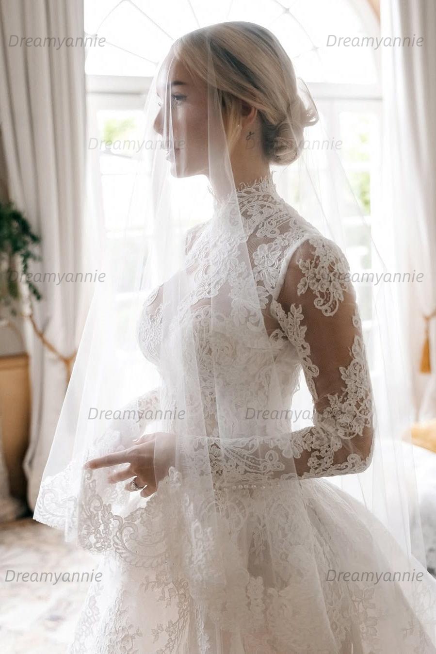 High Neck Long Sleeves Wedding Dress A Line Lace Bridal Gown