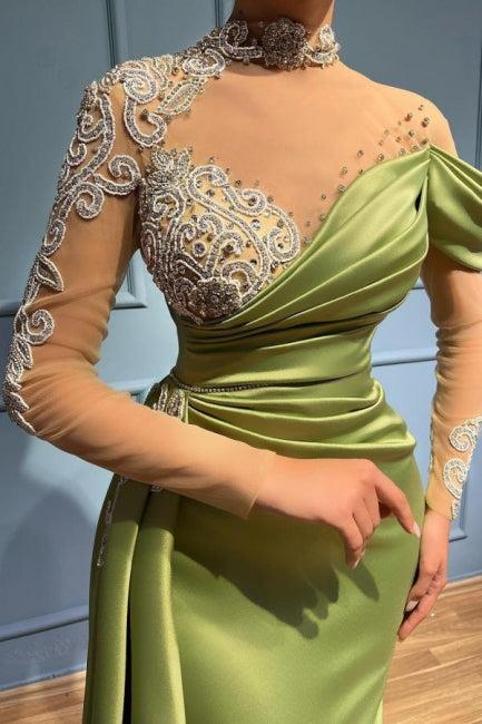 High Neck Mermaid Long Sleeves Appliques Evening Dress Long with Ruffles