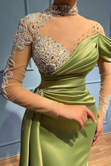 High Neck Mermaid Long Sleeves Appliques Evening Dress Long with Ruffles