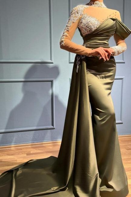 High Neck Mermaid Long Sleeves Appliques Evening Dress Long with Ruffles