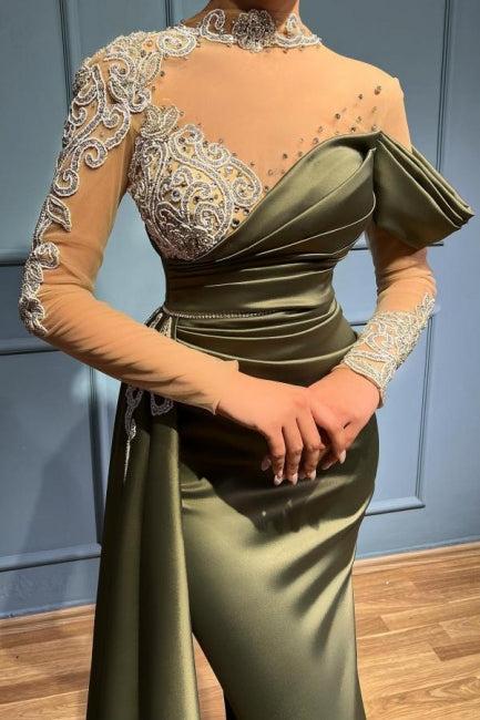 High Neck Mermaid Long Sleeves Appliques Evening Dress Long with Ruffles
