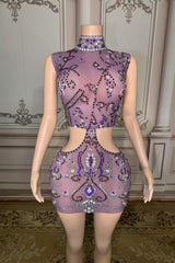 High Neck Mini Homecoming Dress Cut Out Purple Cocktail Party Dress