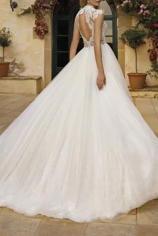Dreamyannie Women Wedding Dress High Neck Sleeveless Lace/Tulle A-Line Bridal  Dress With Back Hole  Dreamyannie UK
