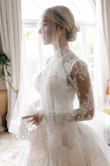 High Neck Long Sleeves Wedding Dress A Line Lace Bridal Gown
