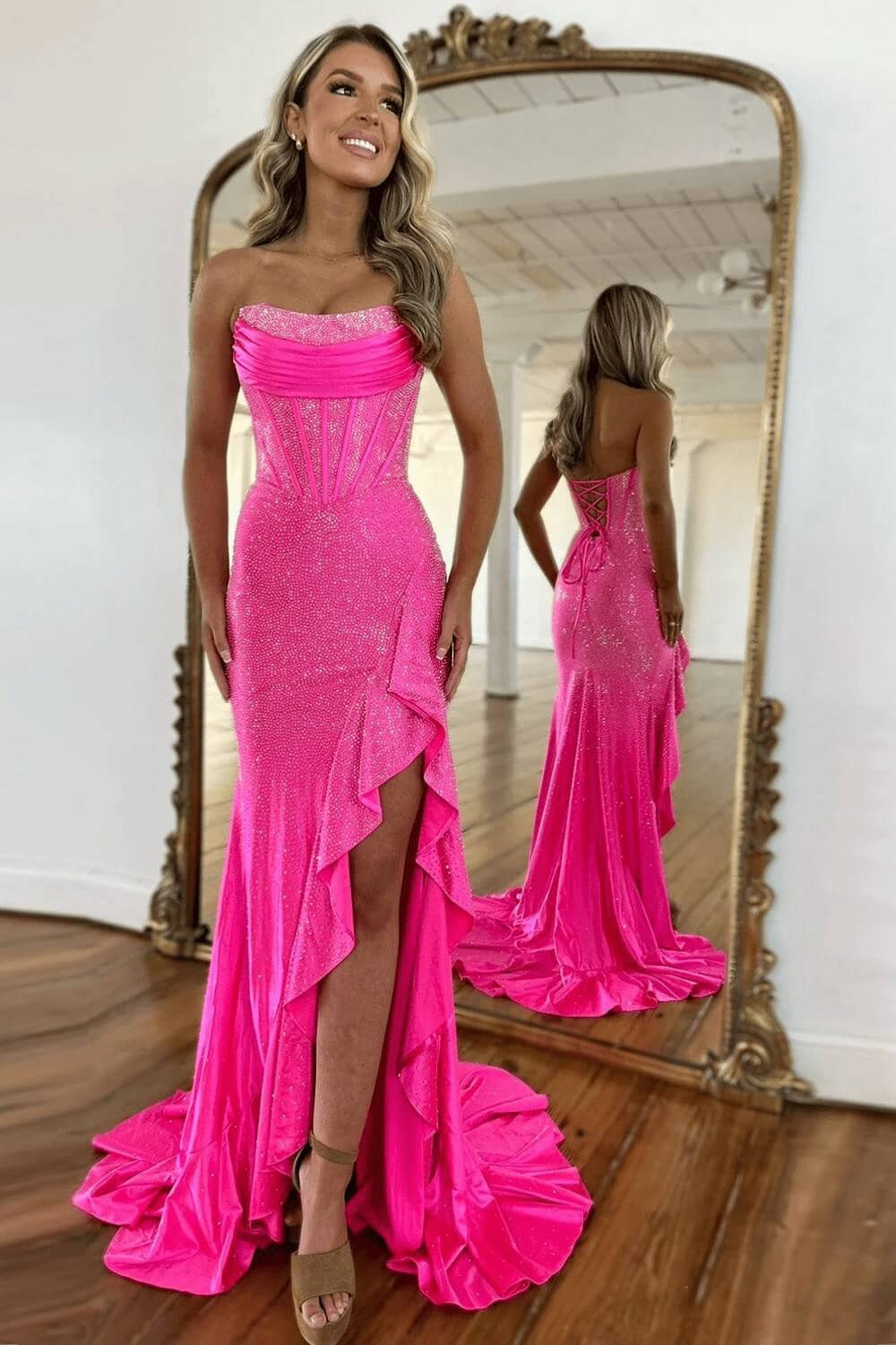 Hot Pink Beaded Prom Dress Strapless Corset Ruffled Evening Dress With Slit