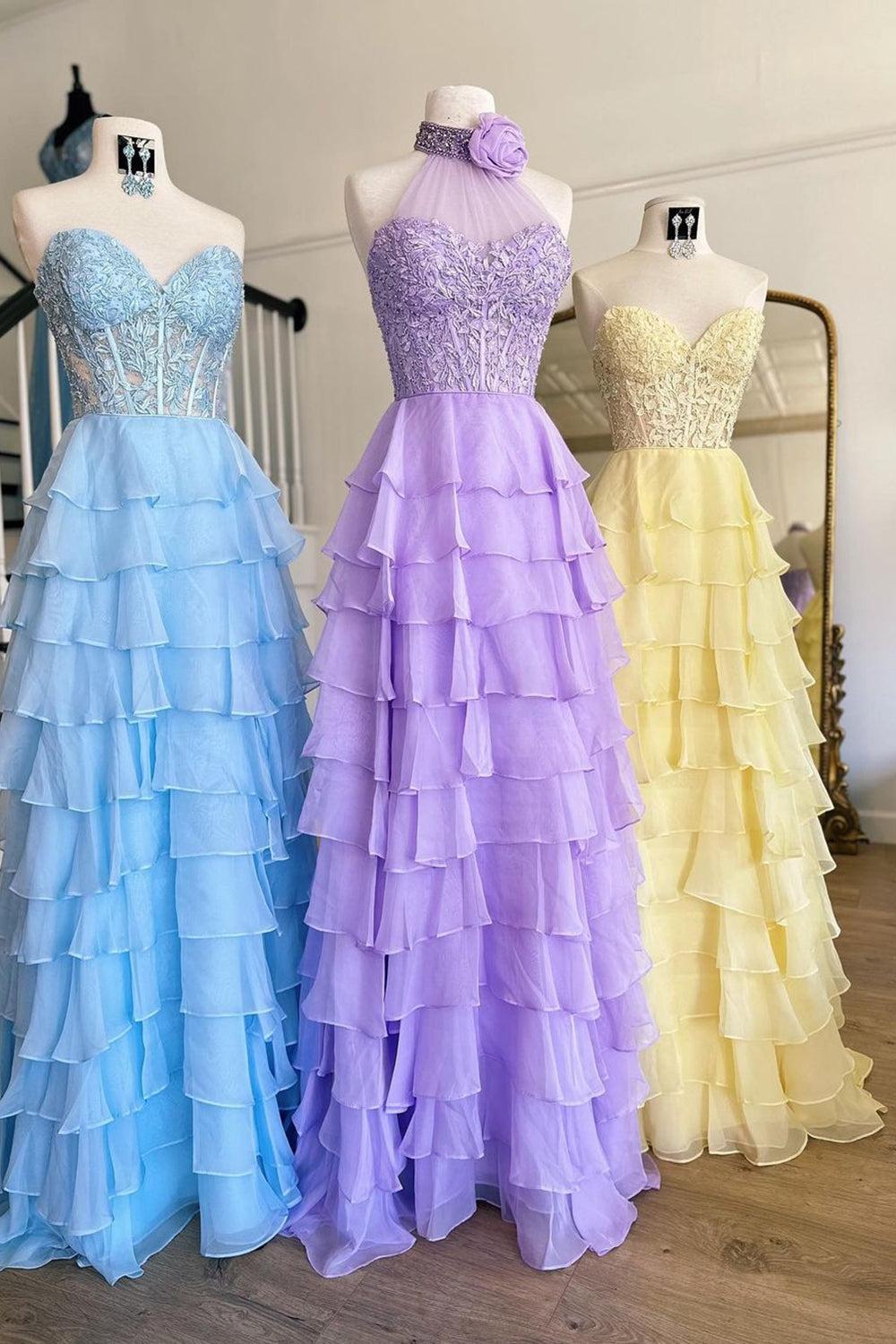 Hot Pink Corset Prom Dress Halter Ruffled Long Wedding Guest Dress with Lace