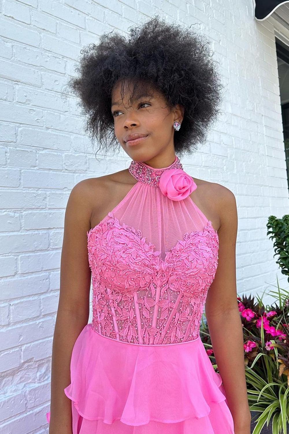 Hot Pink Corset Prom Dress Halter Ruffled Long Wedding Guest Dress with Lace
