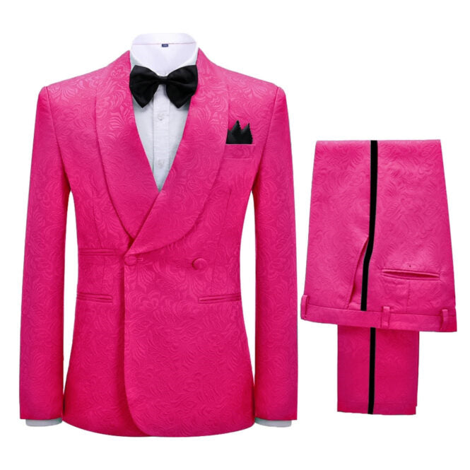 Hot Pink Jacquard Double Breasted Shawl Lapel Wedding Suit