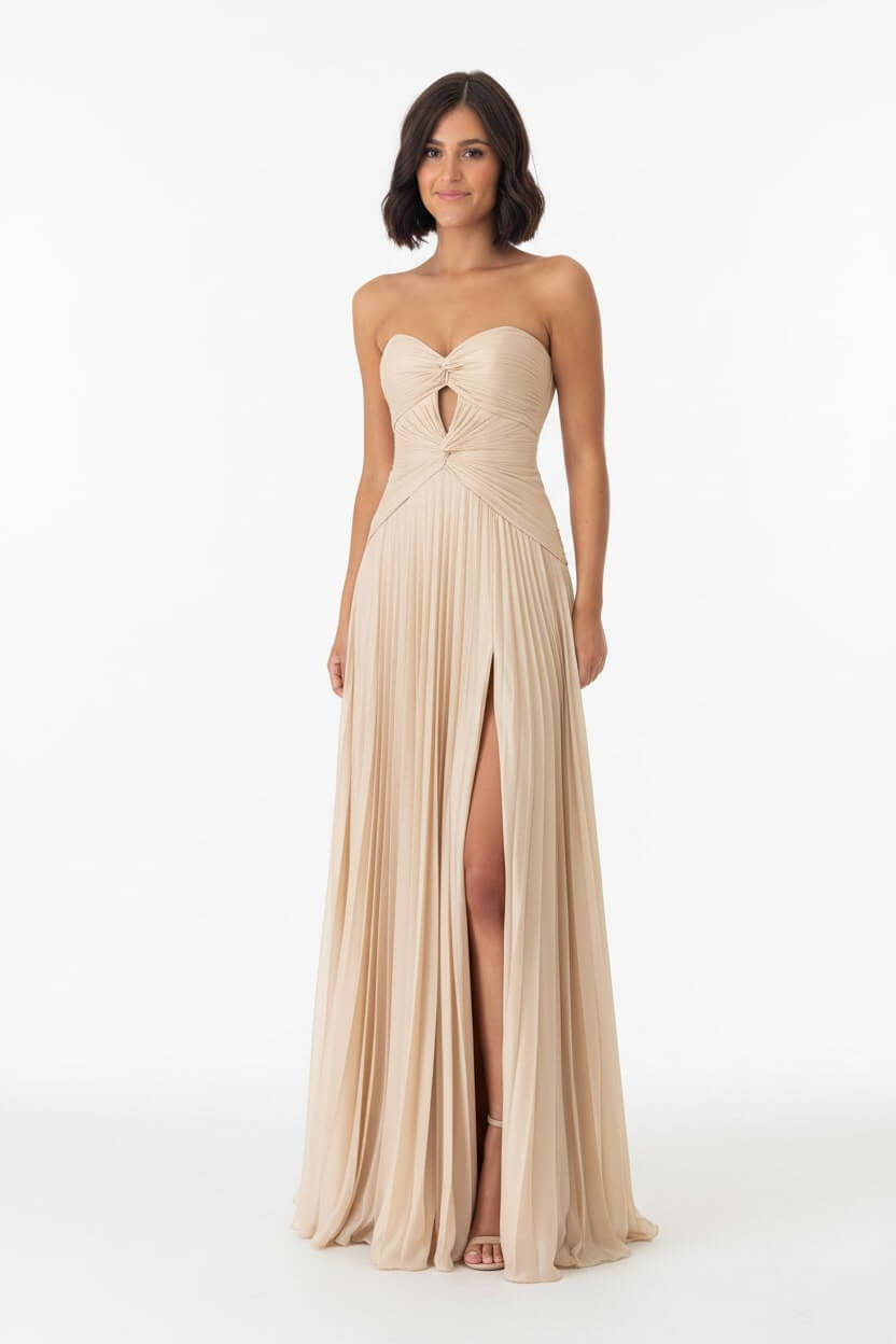 Hot Pink Prom Dress A Line Strapless Keyhole Pleated Evening Dress