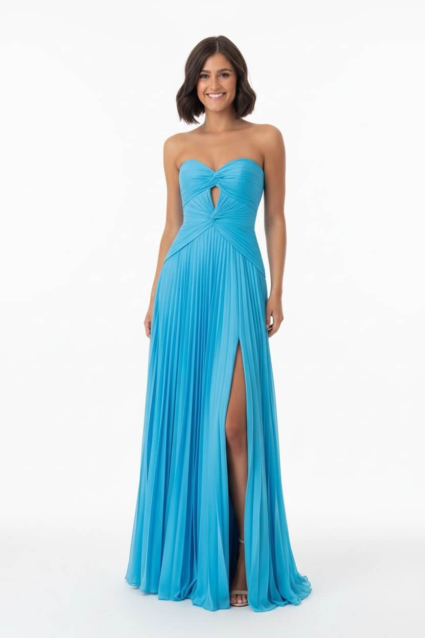 Hot Pink Prom Dress A Line Strapless Keyhole Pleated Evening Dress