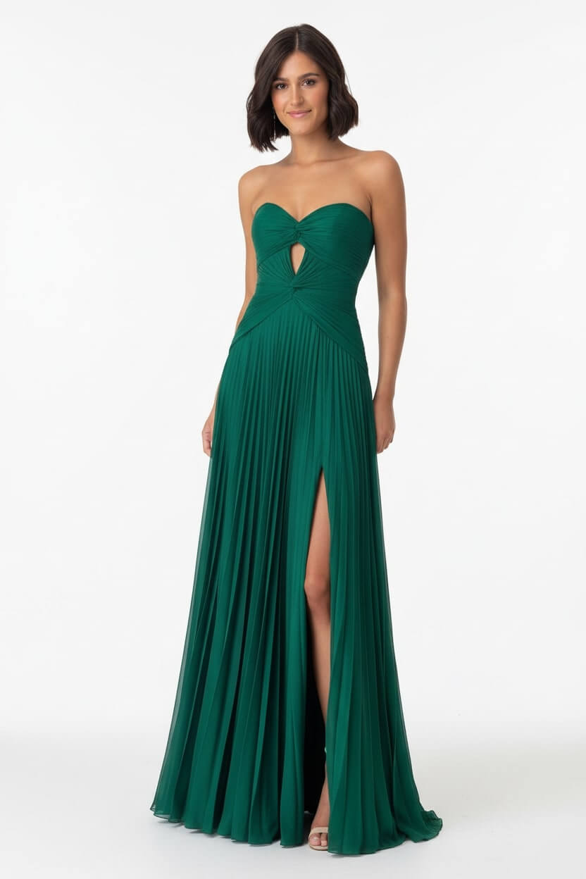 Hot Pink Prom Dress A Line Strapless Keyhole Pleated Evening Dress