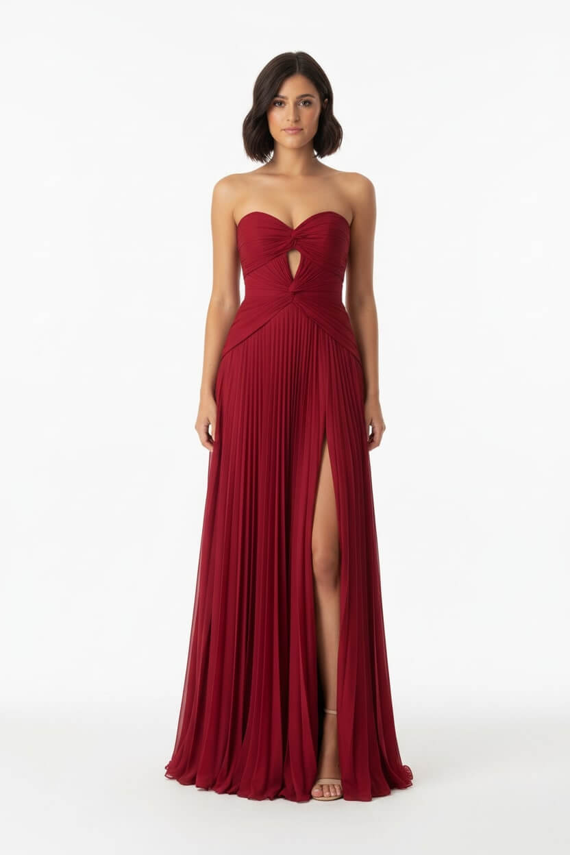 Hot Pink Prom Dress A Line Strapless Keyhole Pleated Evening Dress