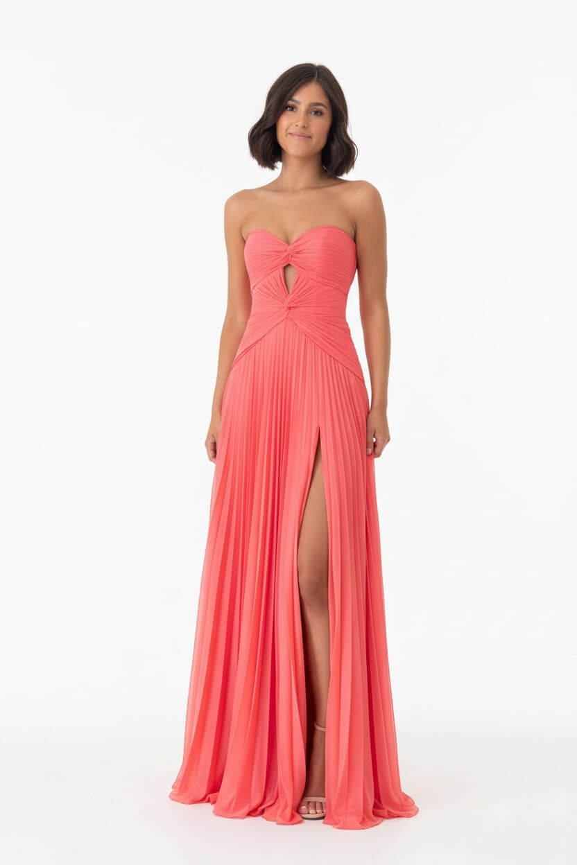 Hot Pink Prom Dress A Line Strapless Keyhole Pleated Evening Dress