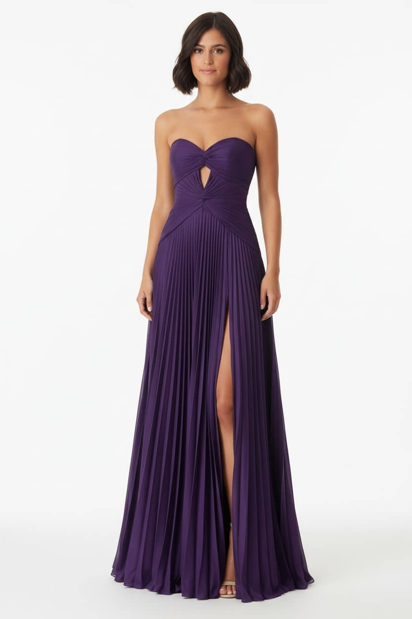 Hot Pink Prom Dress A Line Strapless Keyhole Pleated Evening Dress