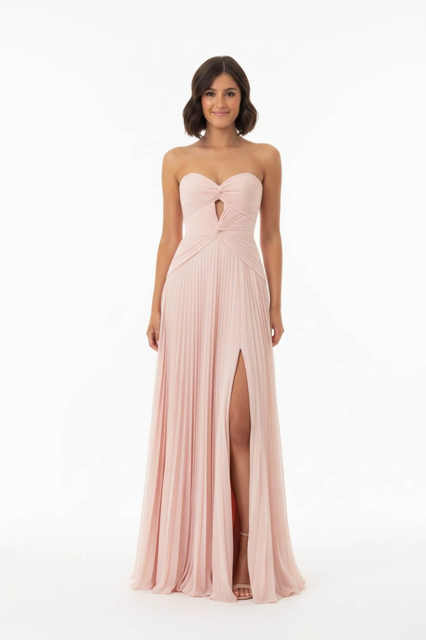 Hot Pink Prom Dress A Line Strapless Keyhole Pleated Evening Dress