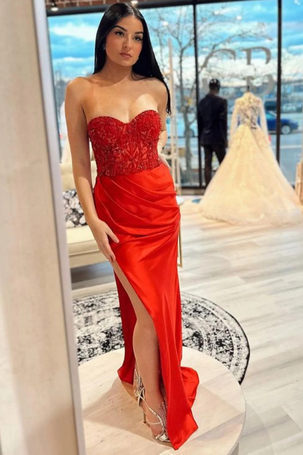 Hot Pink Prom Dress Corset Long Evening Dress with Slit