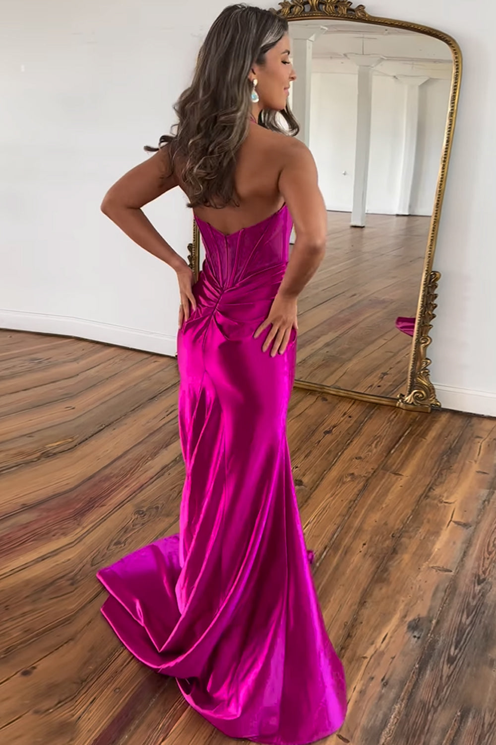Hot Pink Prom Dress Mermaid Corset Long Satin Evening Dress with Slit Dreamyannie UK Hot Pink Prom Dress Mermaid Corset Long Satin Evening Dress with Slit Dreamyannie UK