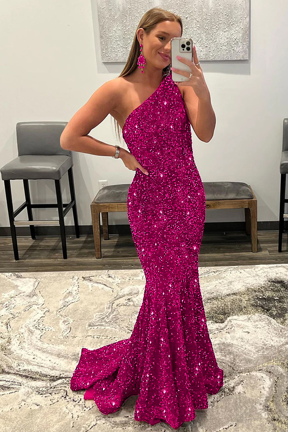 Hot Pink Prom Dress Mermaid Sequined Long Evening Dress