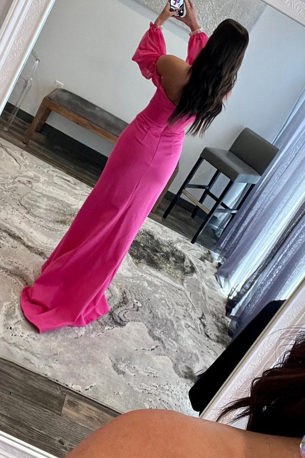 Hot Pink Prom Dress Off The Shoulder Detachale Sleeves Cut Out Evening Dress