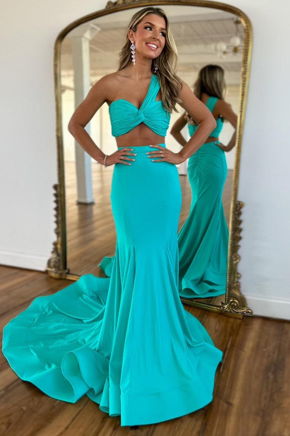 Hot Pink Prom Dress One Shoulder Two Piece Satin Long Evening Dress