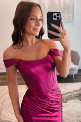 Hot Pink Prom Dress Ruched Corset Metallic Mermaid Formal Dress With Slit