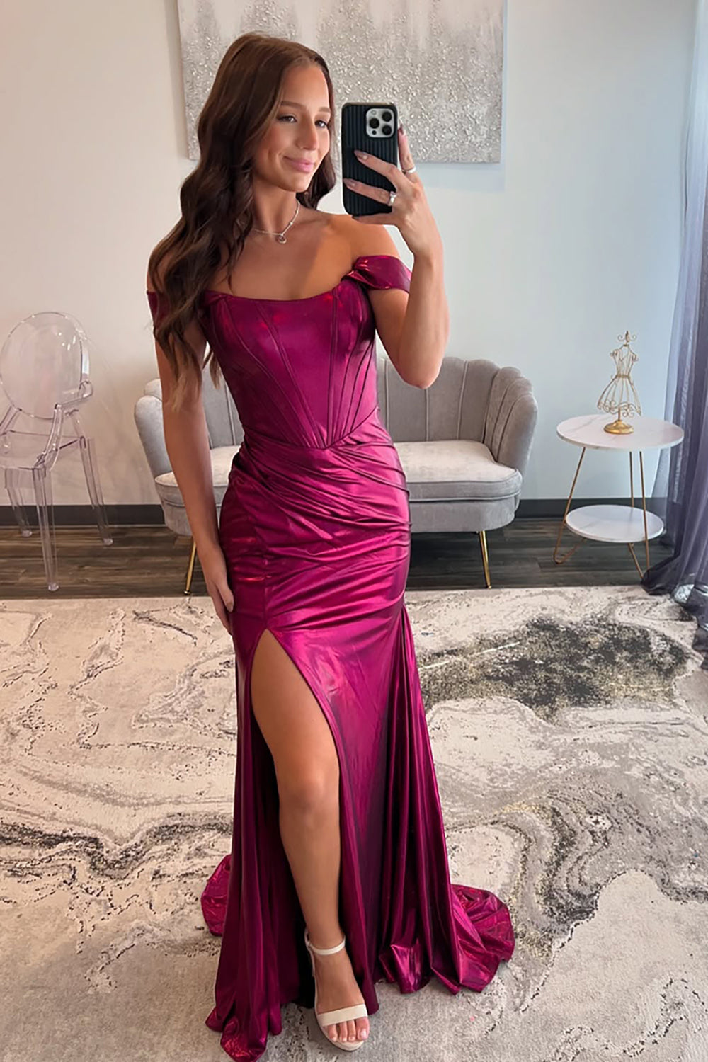 Hot Pink Prom Dress Ruched Corset Metallic Mermaid Formal Dress With Slit