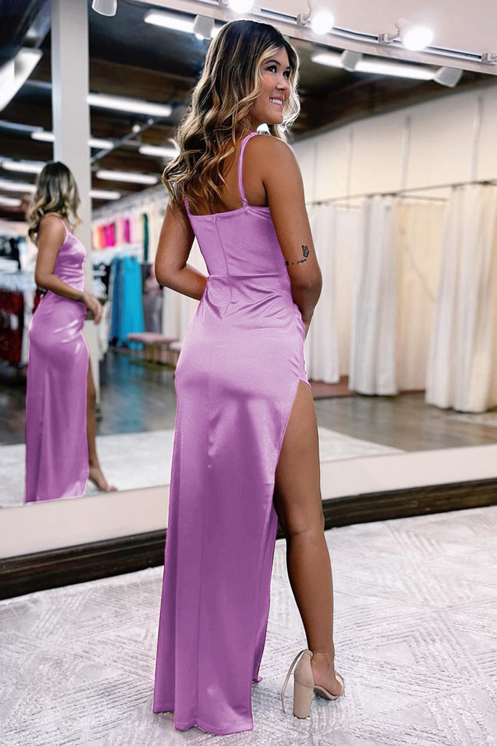 Hot Pink Prom Dress Satin V Neck Simple Evening Dress with Slit