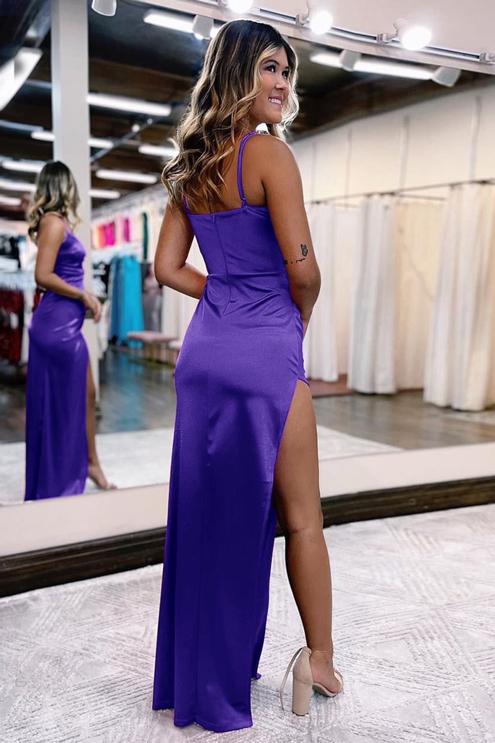 Hot Pink Prom Dress Satin V Neck Simple Evening Dress with Slit