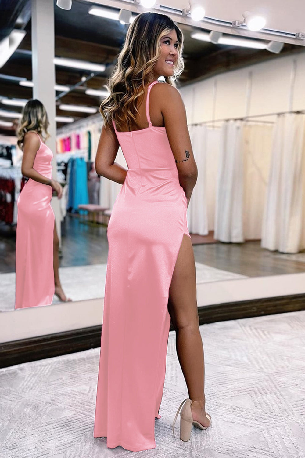 Hot Pink Prom Dress Satin V Neck Simple Evening Dress with Slit