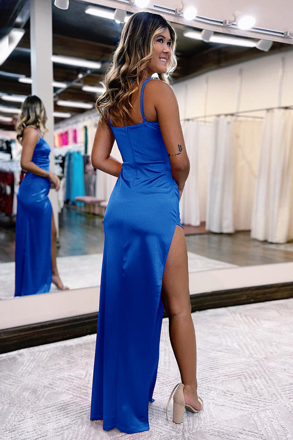 Hot Pink Prom Dress Satin V Neck Simple Evening Dress with Slit