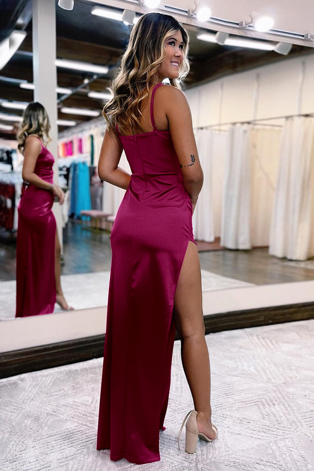 Hot Pink Prom Dress Satin V Neck Simple Evening Dress with Slit