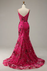 Hot Pink Prom Dress Sequins Print Mermaid Evening Dress