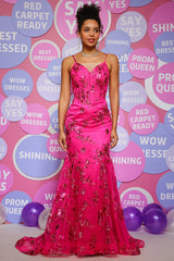 Hot Pink Prom Dress Sequins Print Mermaid Evening Dress