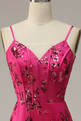 Hot Pink Prom Dress Sequins Print Mermaid Evening Dress