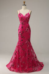 Hot Pink Prom Dress Sequins Print Mermaid Evening Dress