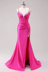 Hot Pink Prom Dress Spaghetti Straps Mermaid Corset Evening Dress with Slit