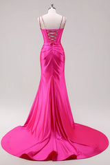 Hot Pink Prom Dress Spaghetti Straps Mermaid Corset Evening Dress with Slit
