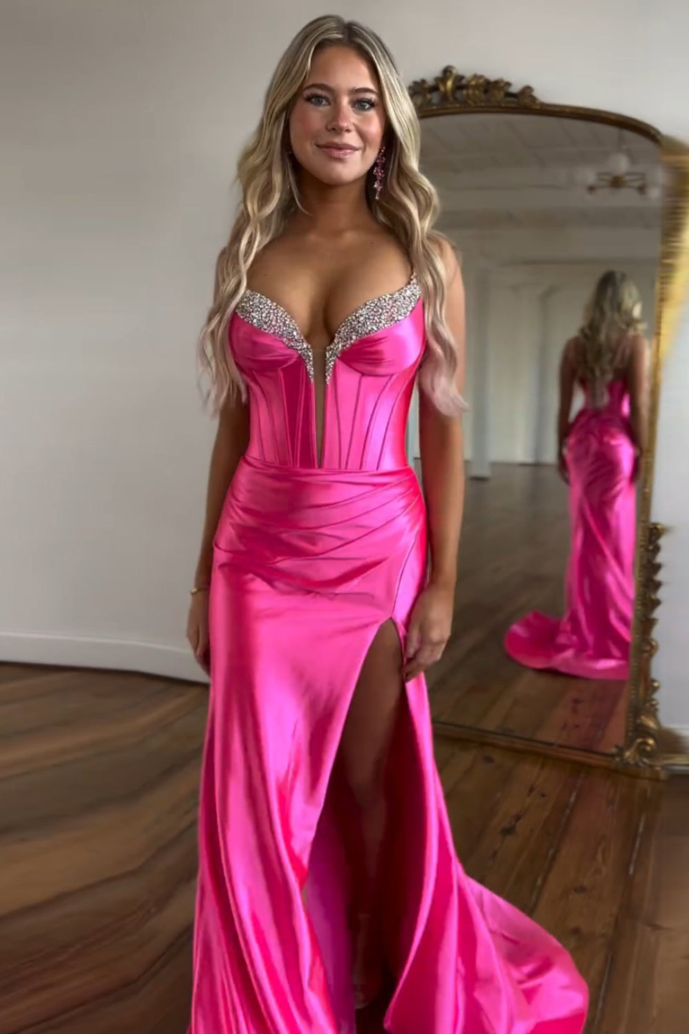 Hot Pink Prom Dress Spaghetti Straps Mermaid Corset Evening Dress with Slit