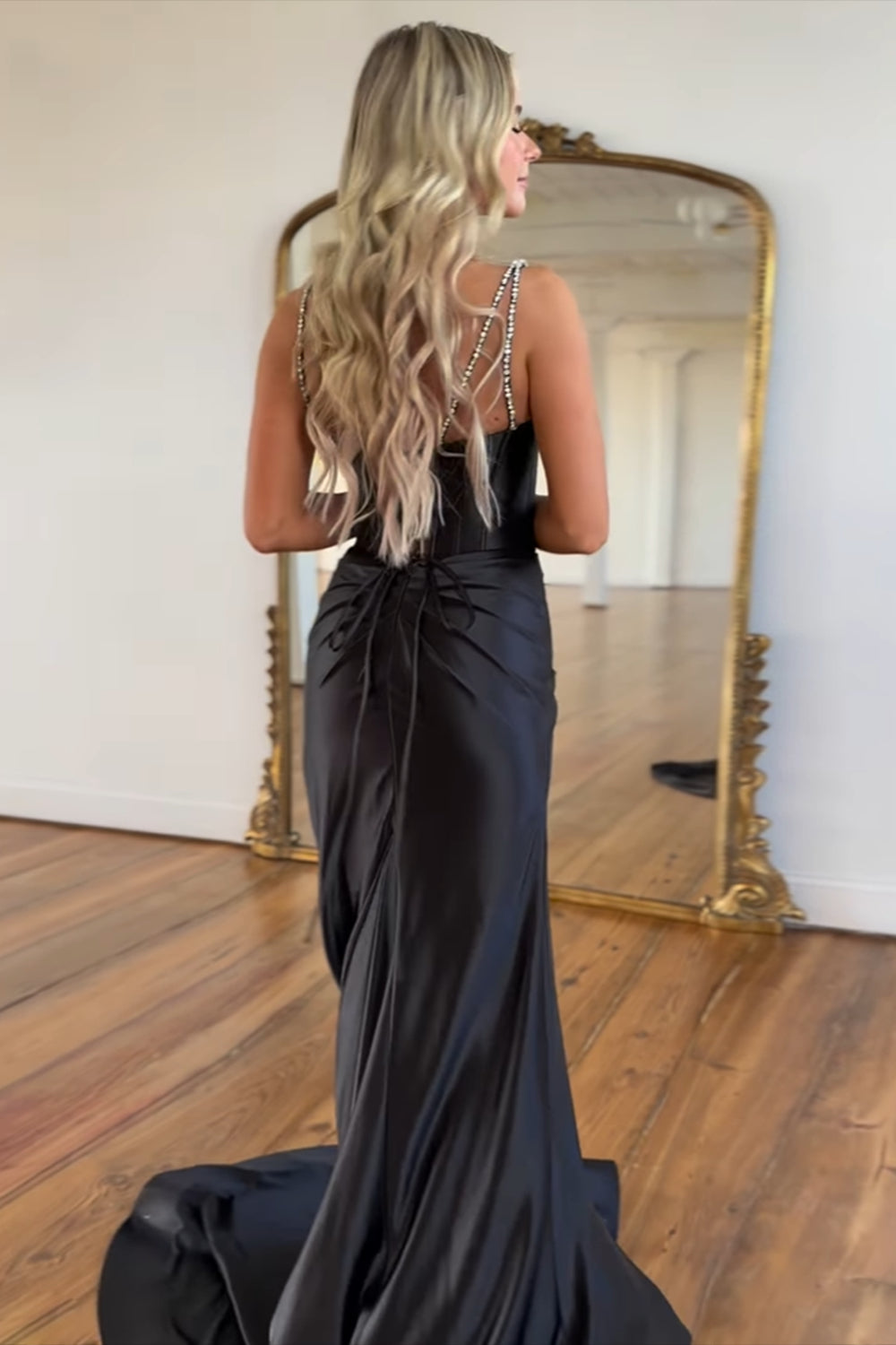 Hot Pink Prom Dress Spaghetti Straps Mermaid Corset Evening Dress with Slit