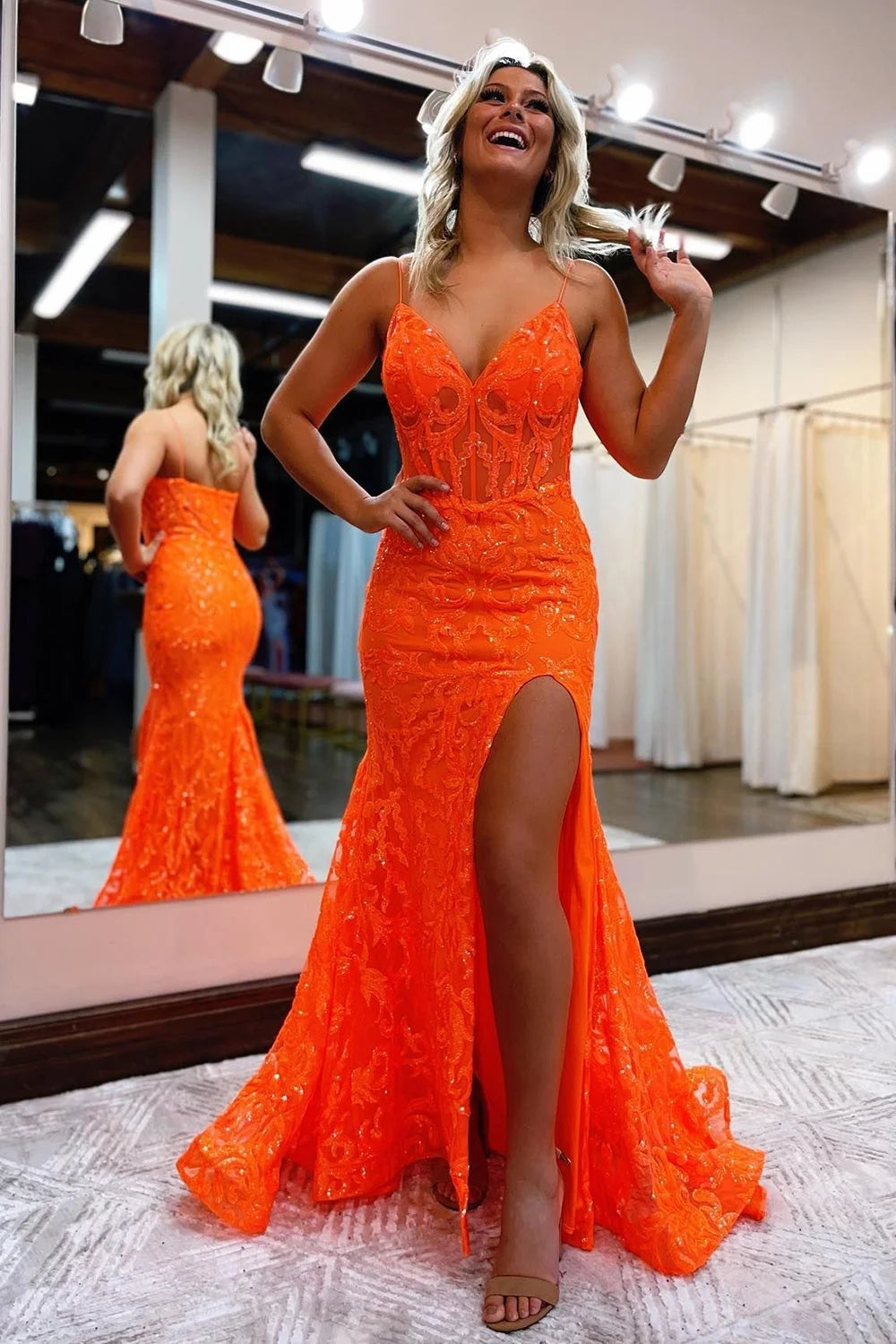 Hot Pink Prom Dress Spaghetti Straps Mermaid Evening Dress