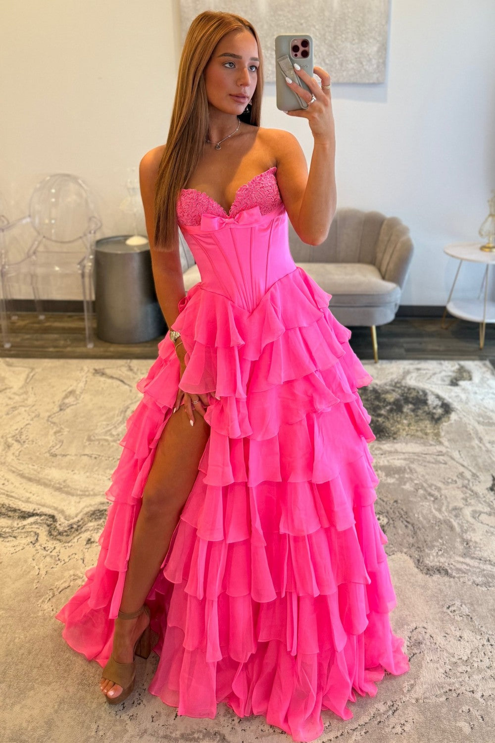 Hot Pink Sweetheart A-Line Prom Gown With Tiered Ruffles And Corset Bodice Formal Evening Gown