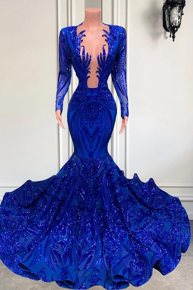 Hot Sparkle Royal Blue Sequin Long Sleeves Mermaid Prom Dress