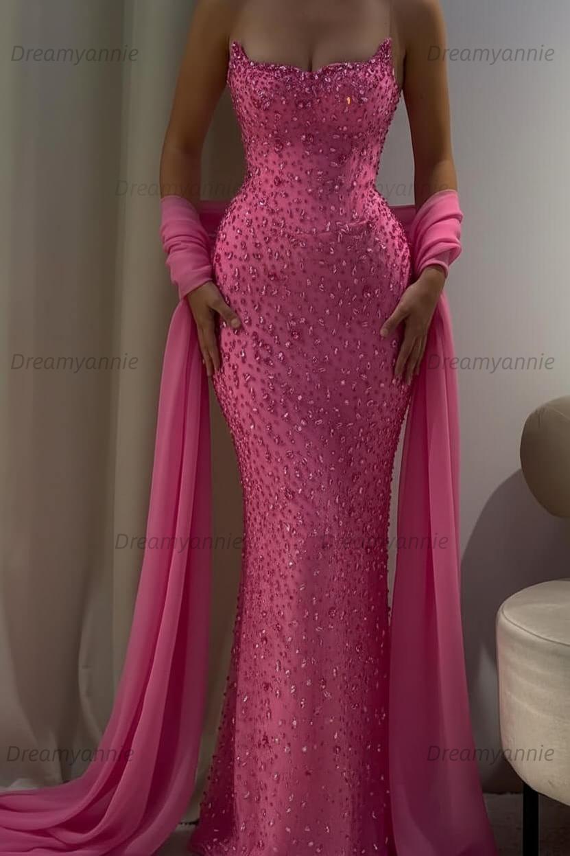 Pink Mermaid Prom Dress Strapless Beaded Evening Dress