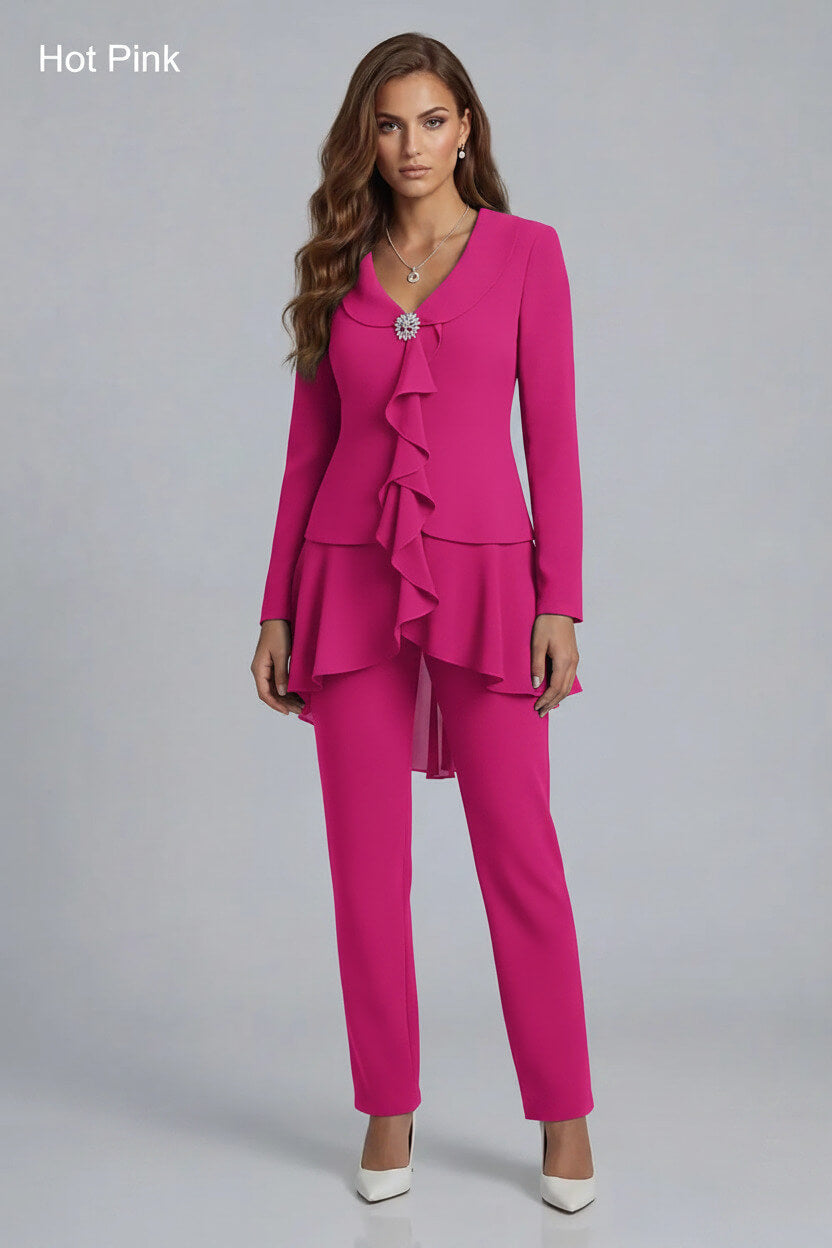 Dreamyannie Navy V Neck Ruffled Chiffon 2 Piece Mother Of The Bride Pant Suits With Sleeves