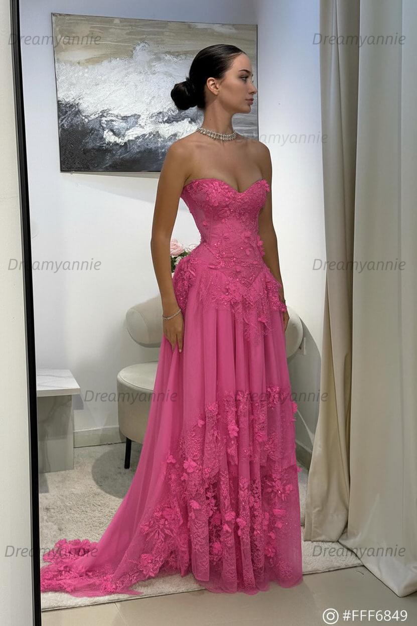 Yellow Lace A Line Prom Dress Sweetheart Lace Appliqued Formal Evening Dress with 3D Flowers